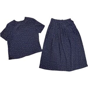 Talbots Vintage Skirt Set Navy Blue Polka Dots Women's Size 4P Top & 6P‎ Skirt